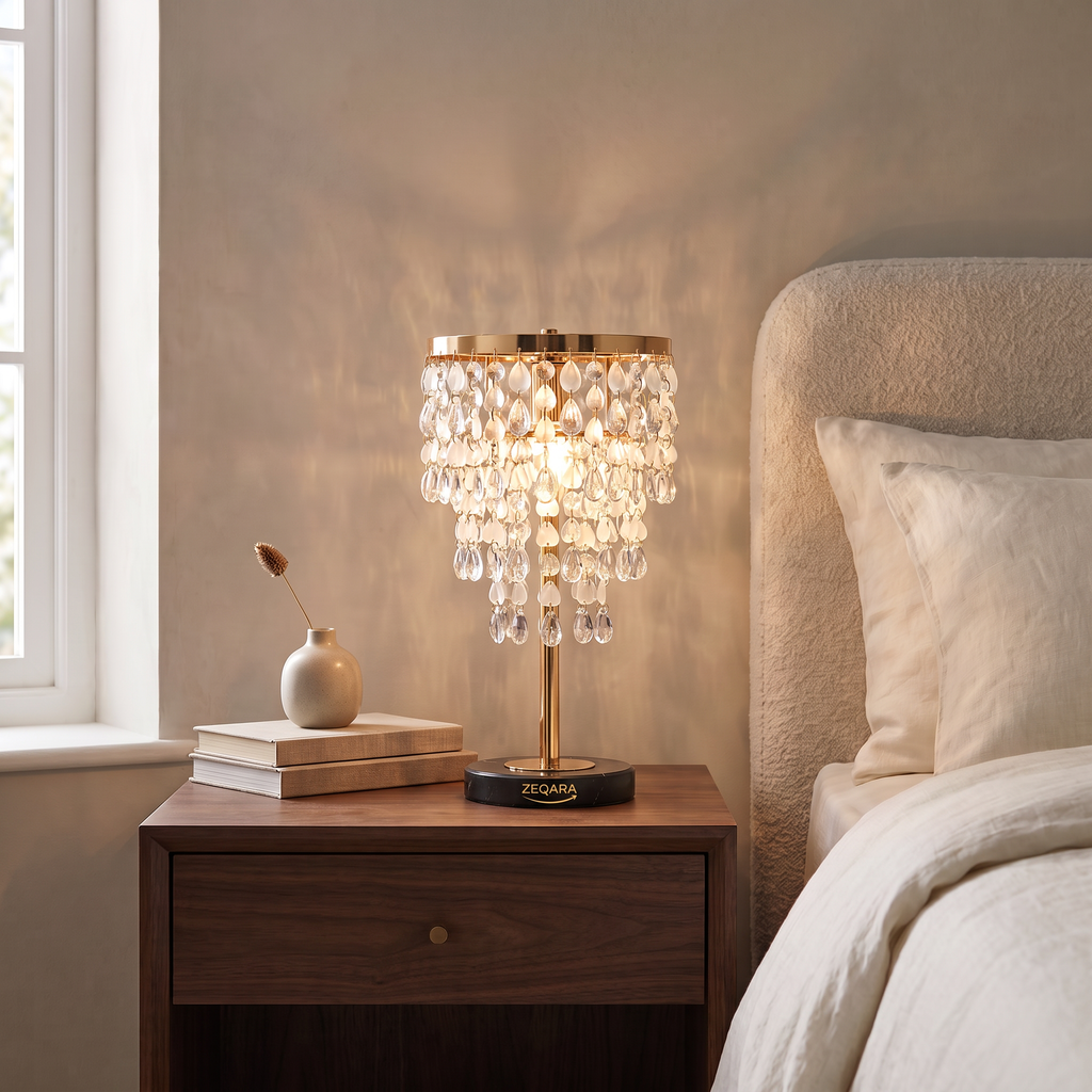 ZEQARA Crystal Waterfall Table Lamp with Marble Base – bedroom