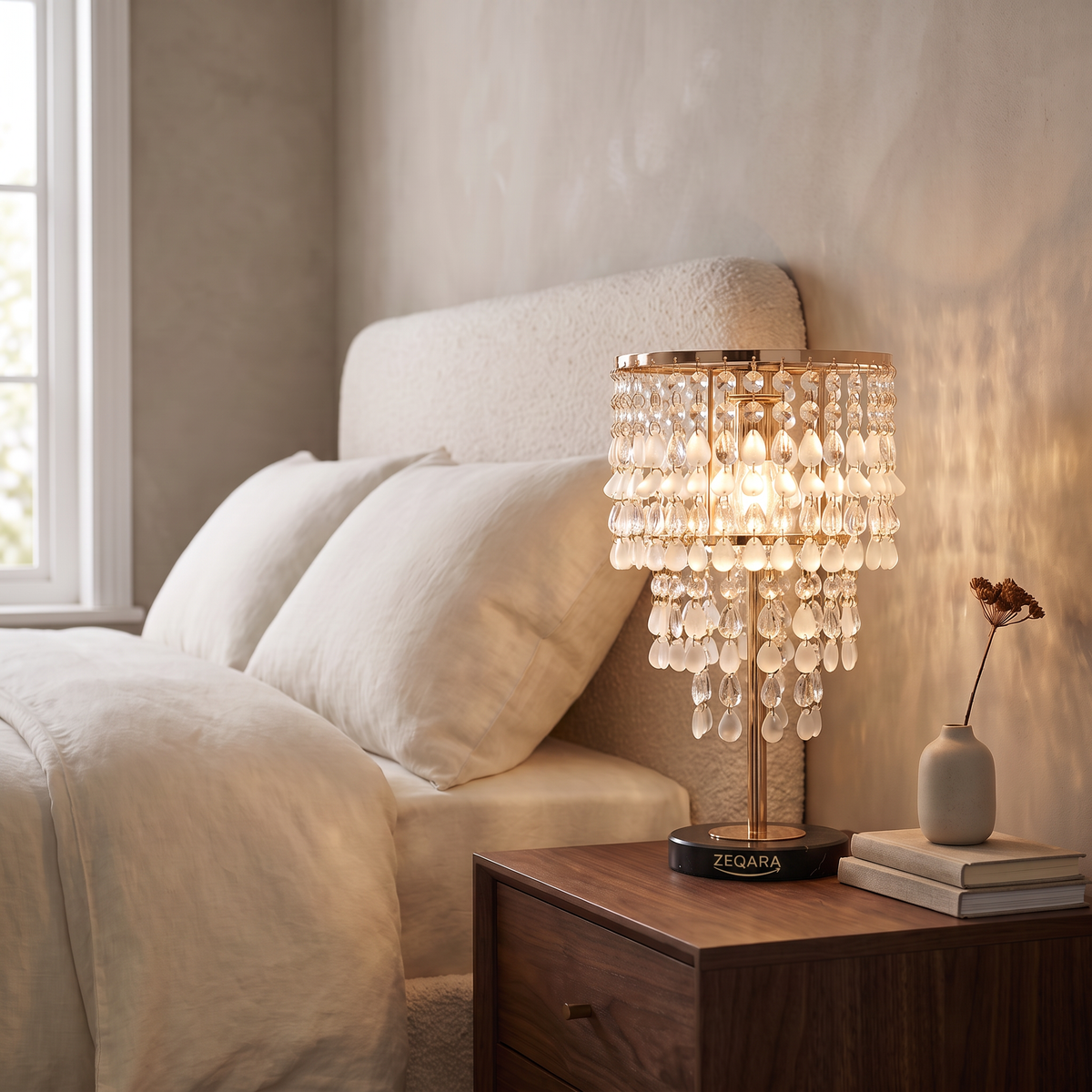 ZEQARA Crystal Waterfall Table Lamp with Marble Base – bedroom