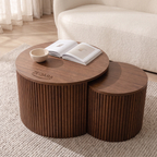 ZEQARA Fluted Walnut Drum Nesting Tables, Set of 2 – living room
