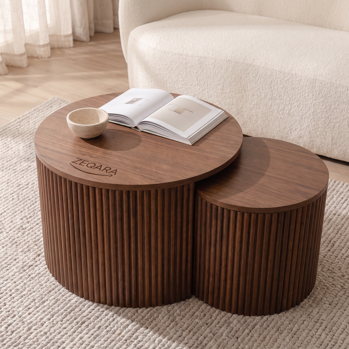 ZEQARA Fluted Walnut Drum Nesting Tables, Set of 2 – living room