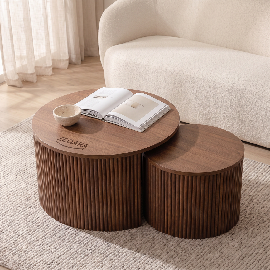 ZEQARA Fluted Walnut Drum Nesting Tables, Set of 2 – living room