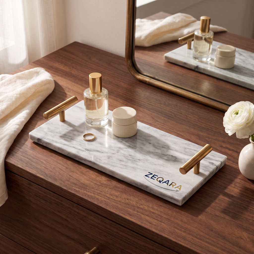 ZEQARA Marble Vanity Tray with Brass Handles – styled vanity