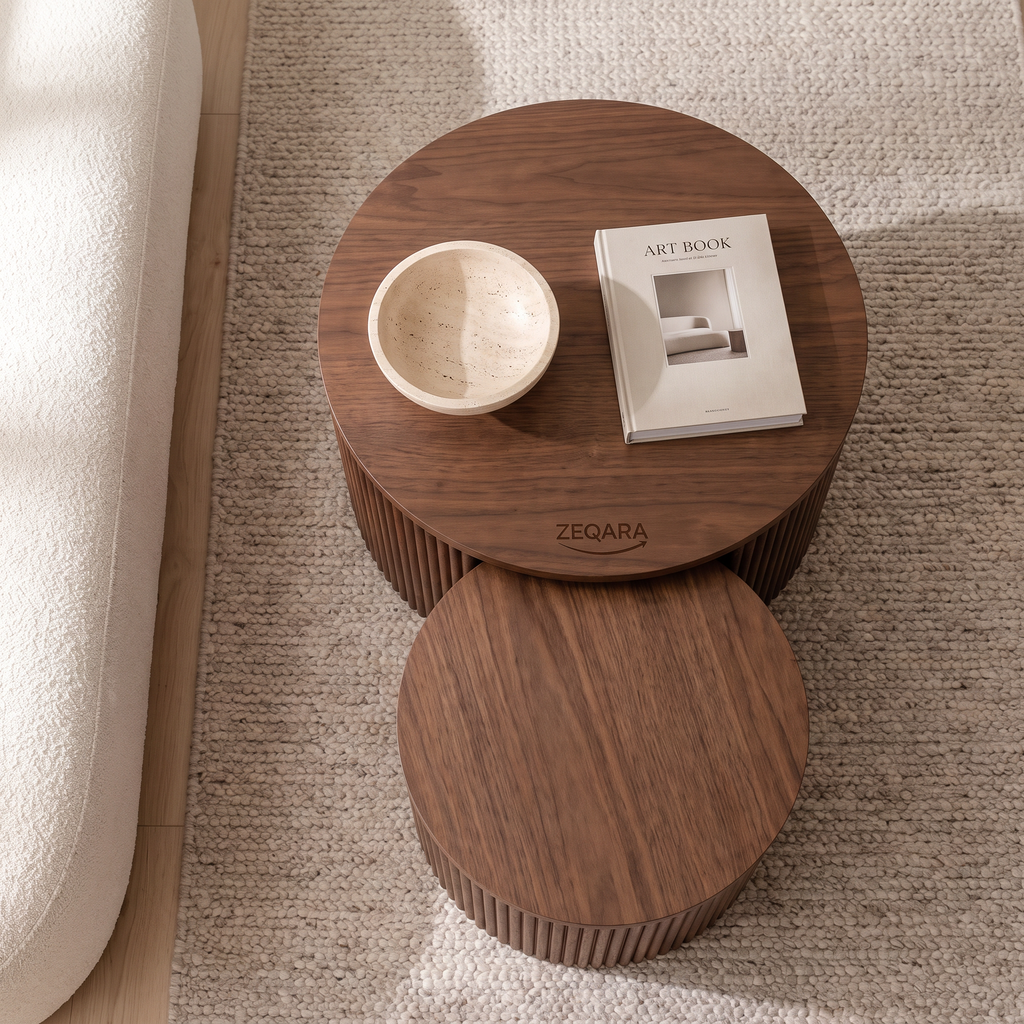 ZEQARA Fluted Walnut Drum Nesting Tables, Set of 2 – living room, top view