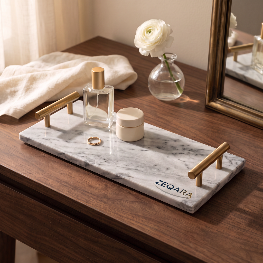 ZEQARA Marble Vanity Tray with Brass Handles – styled vanity