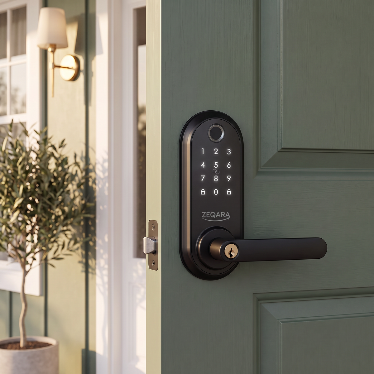 ZEQARA Fingerprint Smart Lock Set with Handle, Matte Black – front door